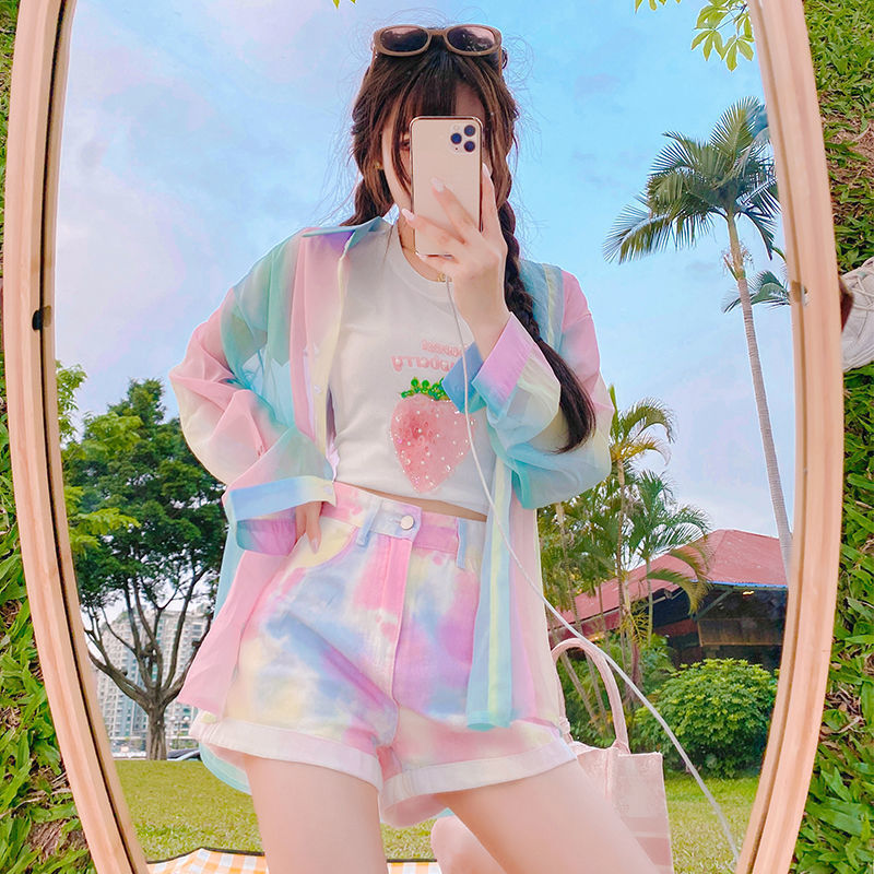 超仙的甜美防晒雪纺衬衫女夏季新款洋气时尚彩虹透气百搭开衫外套