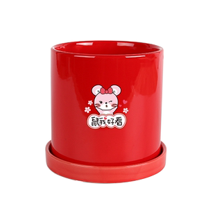 喜庆乔迁春节装饰创意中国红插银柳盆抱抱桶福桶婚庆年宵陶瓷花盆