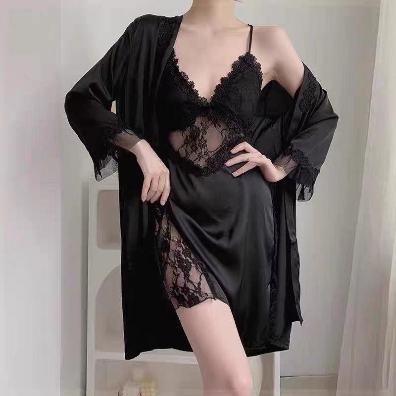 性感睡衣女秋季冰丝夏天2024年新款蕾丝吊带睡裙睡袍两件套带胸垫