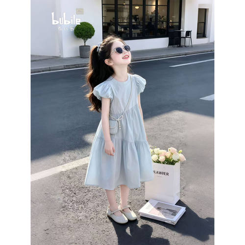 女童连衣裙2026新款韩版童装儿童纯色校园泡泡袖短袖蓝色漂亮裙子