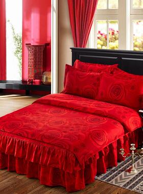 婚庆红色加厚纯棉四件套床裙式1.5m1.8米2.0全棉床罩床笠被套床品