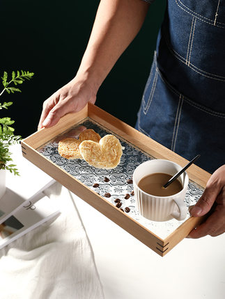 实木复古海棠玻璃托盘桌面收纳日式创意家用长方形茶盘香薰摆件盘