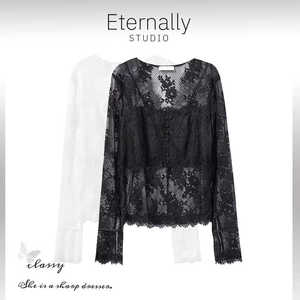 Eternally move 【浪姐苗苗同款】气质蕾丝花边V领网格花朵上衣
