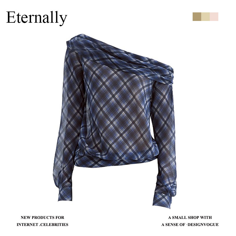 Eternally  格纹微透显瘦设计感T恤一字领斜肩衬衫上衣