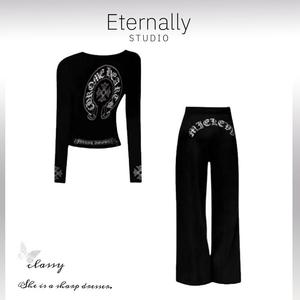 Eternally move 黑色套装圆领印花上衣宽松直筒阔腿长裤两件套