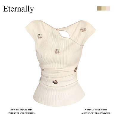 Eternally【现货】优雅小众设计感显瘦立体亮钻小飞袖上衣百搭