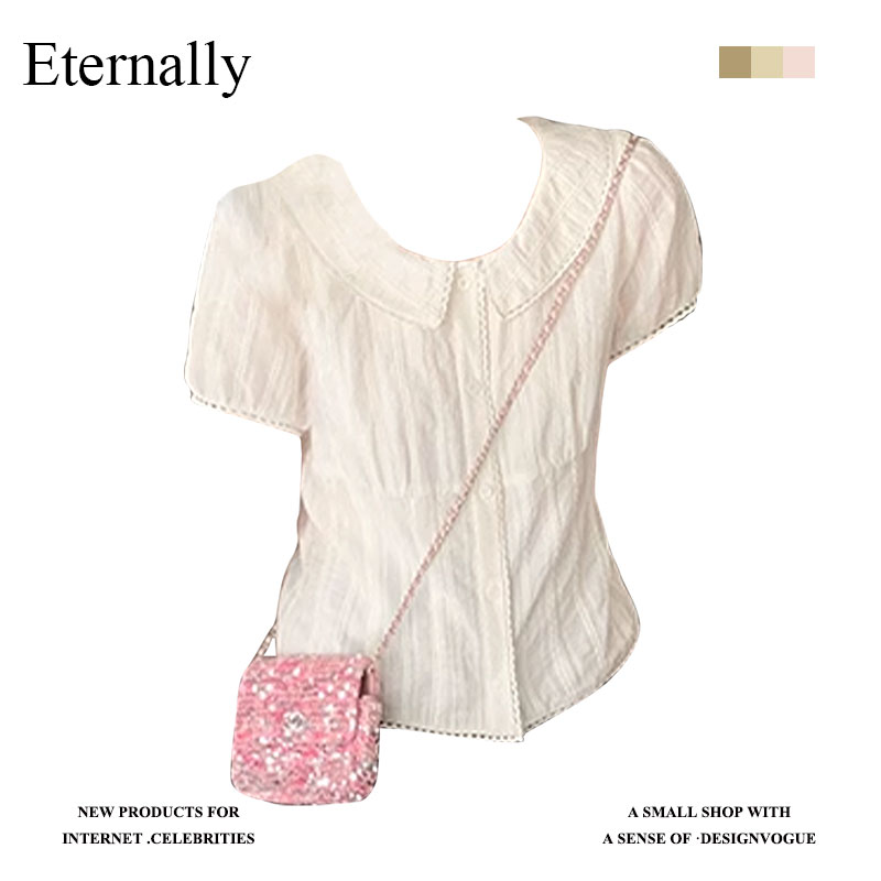 Eternally  翻领花边小衫法式高档甜美短袖衬衫