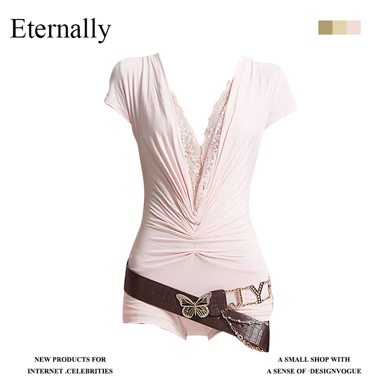 Eternally  美式性感蕾丝拼接V领褶皱修身短袖连体衣女2025