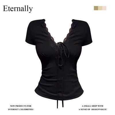 Eternally【现货】蕾丝拼接领系带T恤辣妹性感修身显瘦百搭上衣
