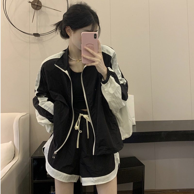 薄款防晒套装女韩版时尚炸街学生宽松拼色长袖防晒衣晨跑两件套