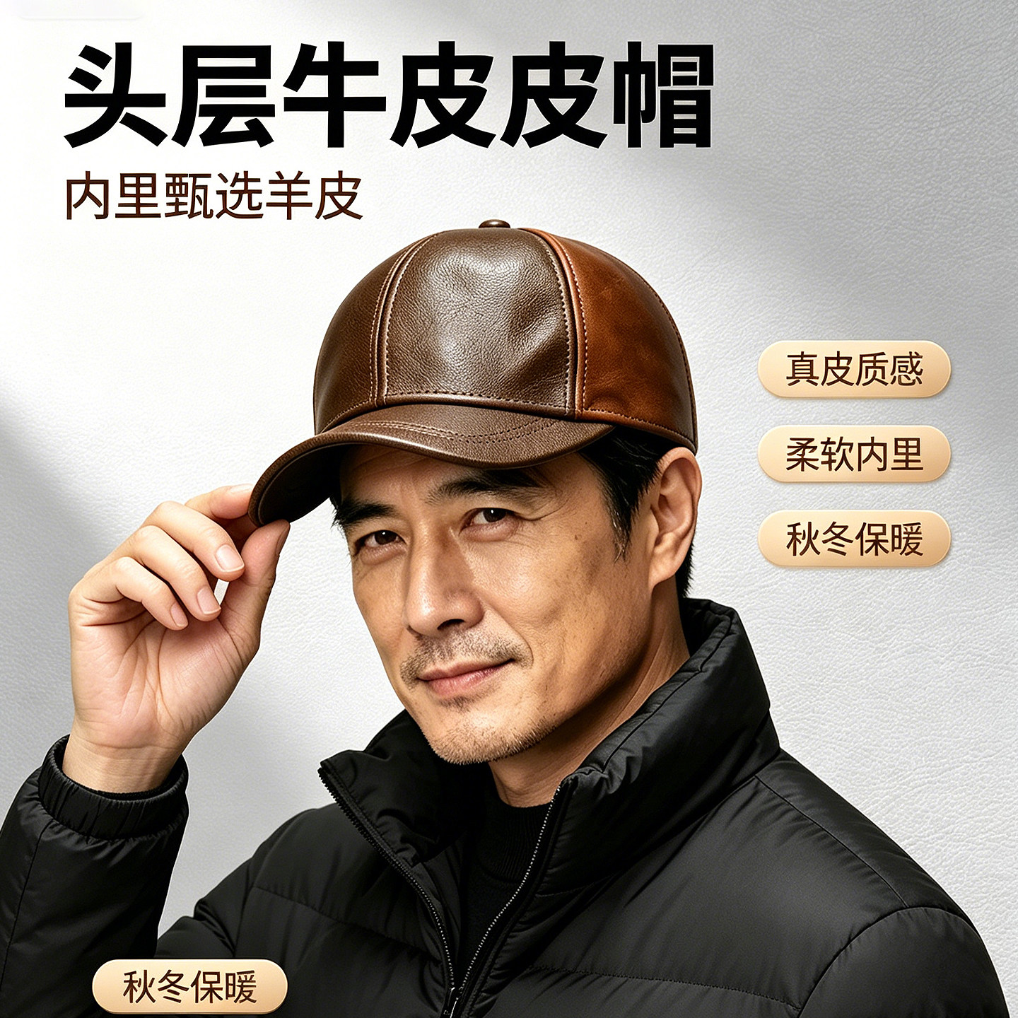 牧迪羊高档中老年人头层牛皮羊皮棒球帽真皮鸭舌帽舒适保暖爸爸帽