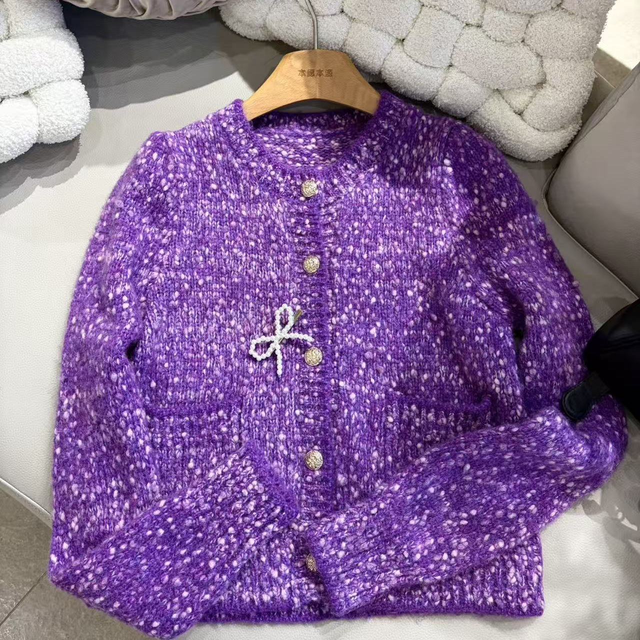 【萍姐精选】韩系单排扣花色线泡泡袖开衫毛衣AC012F110