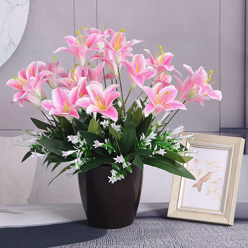 百合花仿真花餐桌客厅装饰塑料假花摆设高档绢布花束摆件花瓶插花
