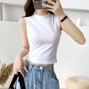 白色半高领无袖 打底上衣设计感小众外穿夏 背心女内搭纯棉吊带短款