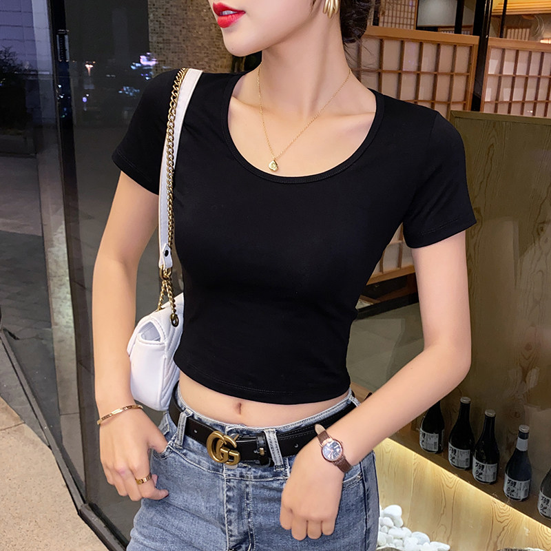 黑色圆领t恤女短袖高腰小个子露脐上衣ins潮2023新款紧身漏肚脐装