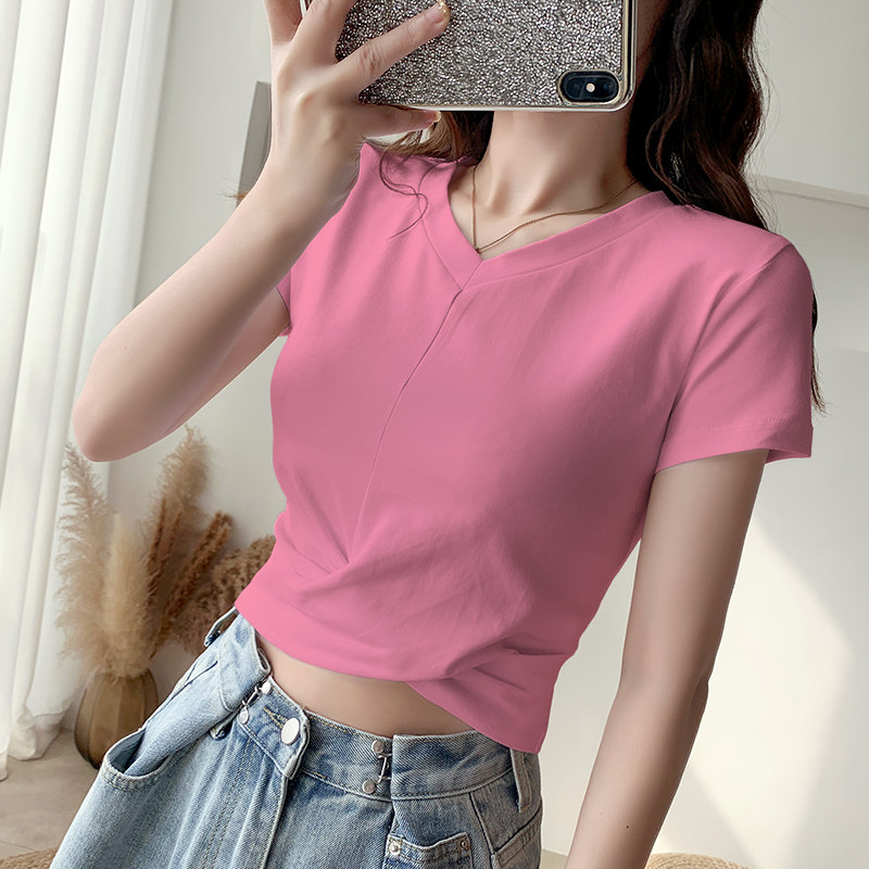浅粉色v领短款t恤女短袖高腰露脐上衣2023新款紧身小个子漏肚脐装