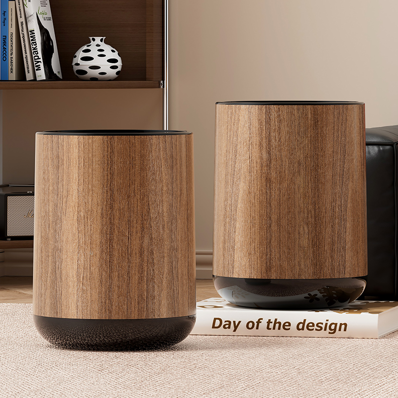 中古风木纹垃圾桶家用客厅高颜值复古翻盖无盖圆形废纸篓卧室意式