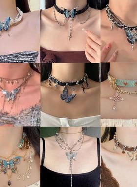 甜酷辣妹蝴蝶流苏项链女y2k重工颈链朋克复古项圈chocker颈带配饰