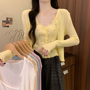 奶黄色木耳边波点吊带背心套装 女夏季 多巴胺甜美短款 上衣防晒开衫