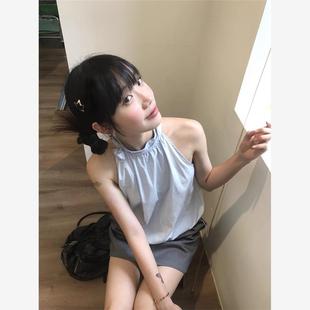 绑带无袖 法式 露肩短款 蓝色挂脖吊带背心女2025年夏季 辣妹上衣 新款