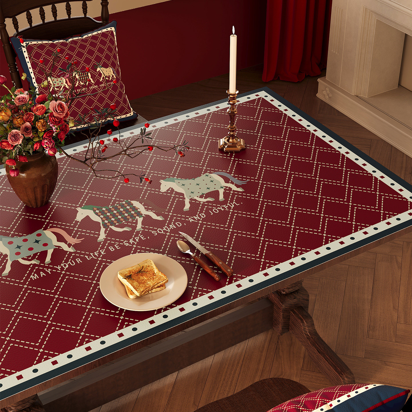 复古桌垫新年马年氛围感装饰餐桌台面保护垫防烫防水防油免洗桌布,居家布艺,桌布,淘宝优惠券,粉丝福利购,淘宝优惠卷