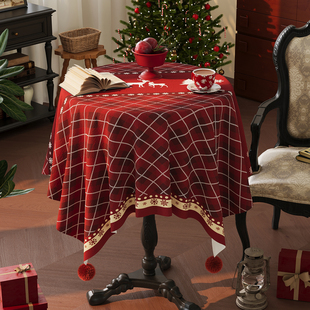 圣诞桌布圆形防水防油免洗红色氛围感布置装饰高级感圆桌茶几盖布