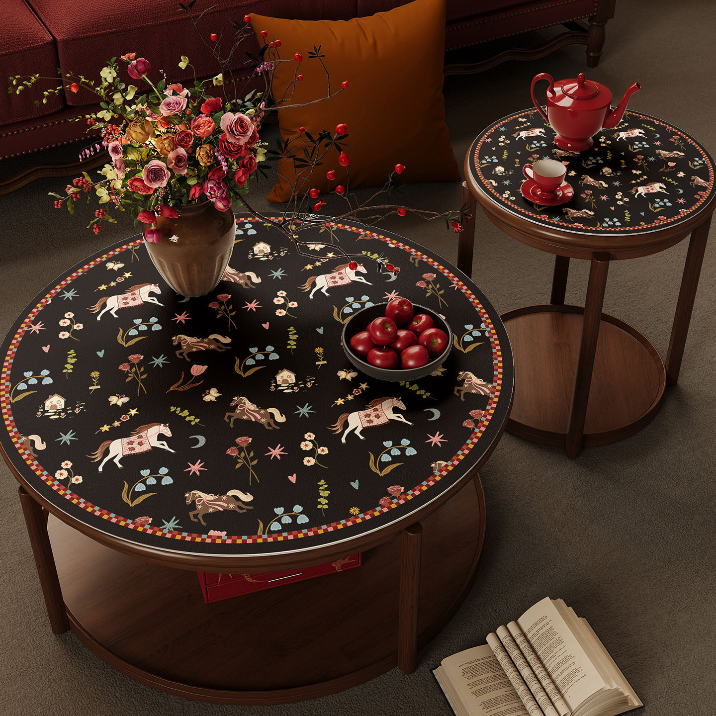 新年复古氛围感圆桌桌垫防水防油免洗桌面保护垫马年圆形茶几桌布,居家布艺,茶几垫,淘宝优惠券,粉丝福利购,淘宝优惠卷