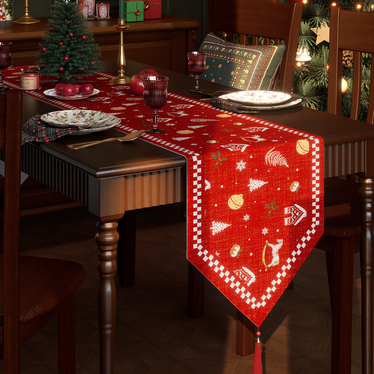 桌旗圣诞布置装饰红色新年餐桌旗布轻奢高端电视柜氛围感长条桌布