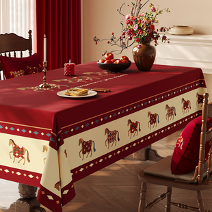 复古桌布红色马年氛围感装饰餐桌布防水防烫免洗长方形茶几遮盖布