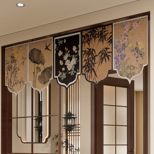 新中式门帘异形吊旗客厅卧室厨房装饰半帘布帘魔术贴隔断帘遮挡帘