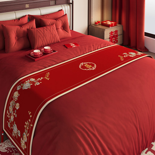 结婚床旗红色喜事婚房装饰布置床尾巾喜庆氛围感酒店卧室喜字床盖