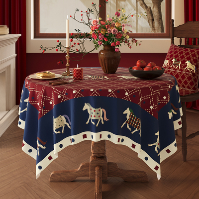 复古圆桌桌布新年马年氛围感装饰圆形餐桌布防水防烫免洗茶几盖布