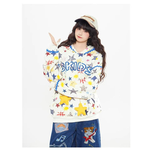 趣味满印彩色星星连帽卫衣男女春秋2026美式 宽松复古休闲情侣上衣