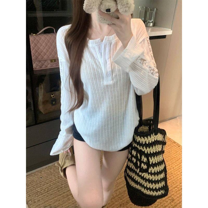 韩系慵懒风V领薄纱长袖T恤女夏季半开领微透薄款防晒罩衫宽松上衣