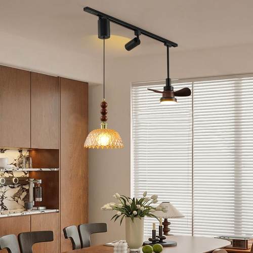 中古风饭厅吊灯可移位轨道吊扇灯覆古玻璃餐桌岛台吧台护眼吊灯