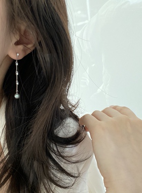 S925纯银不易褪色天然灰珍珠耳环轻奢镶皓石长款耳坠