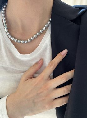 秋冬季毛衣链人造akoya真多麻银蓝色人造珍珠项链S925银扣项链女