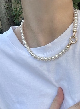 新款小众轻奢皓石双扣锁骨链正圆大灯泡人造仿施家珍珠项链