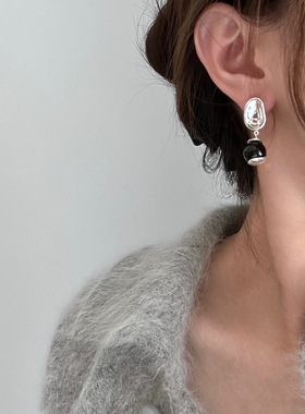 暗黑风天然石法式复古简约清冷高级独特黑玛瑙耳环