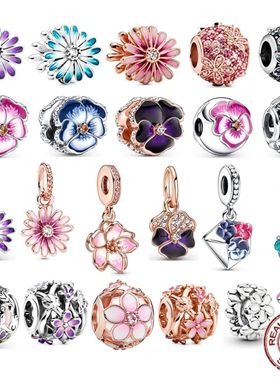 Authentic 925 Sterling Silver Pink Purple & Blue Daisy Flowe