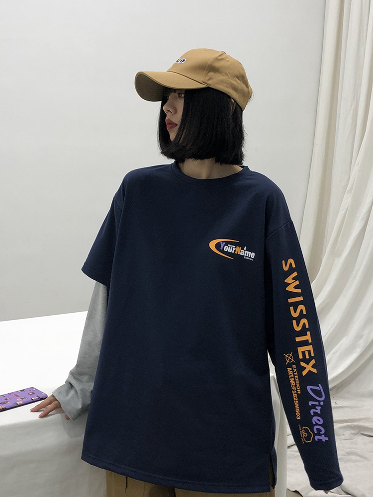 ins港味假两件长袖女宽松原宿bf慵懒风韩版学生怪味少女t恤上衣服(非品牌)
