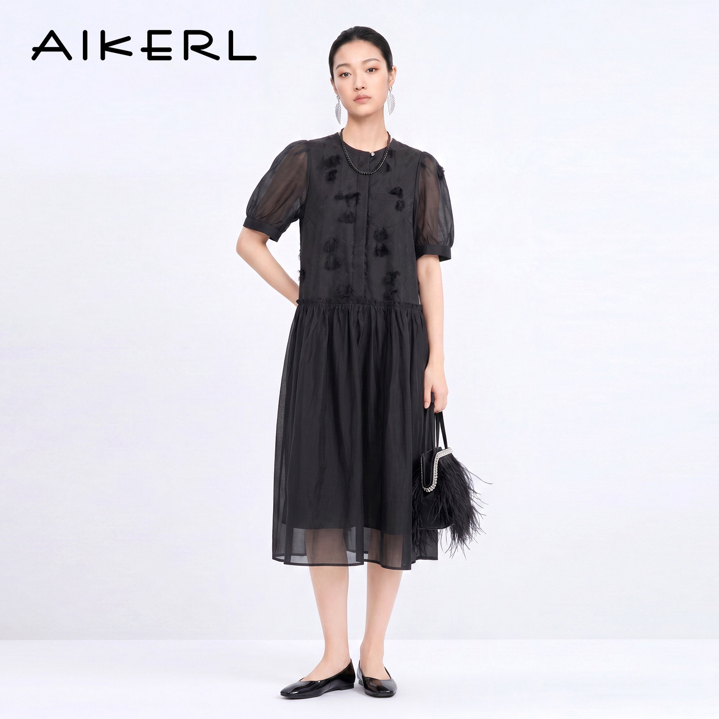 AIKERL艾可儿黑色连衣裙女夏季新款女装流苏高级气质裙子D242205