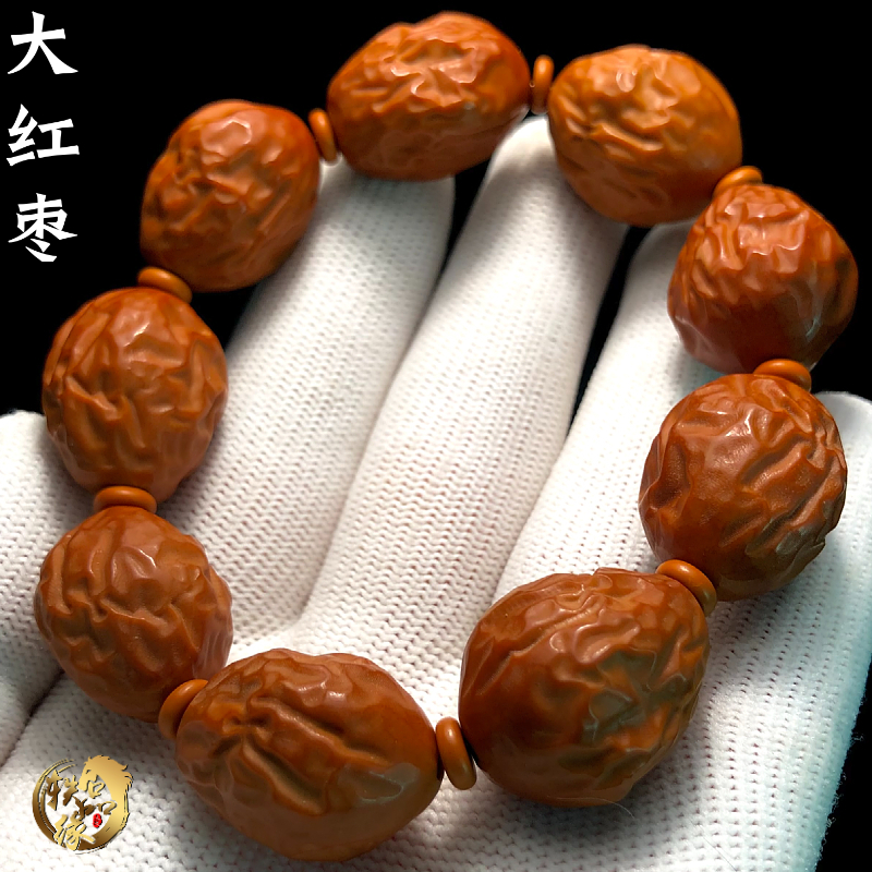 大枣橄榄核手串男款盘玩男士枣珠原籽精雕素M串文玩核雕大红枣女