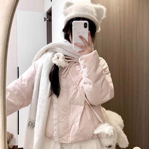 韩系甜美高级感蕾丝拼接羽绒棉袄