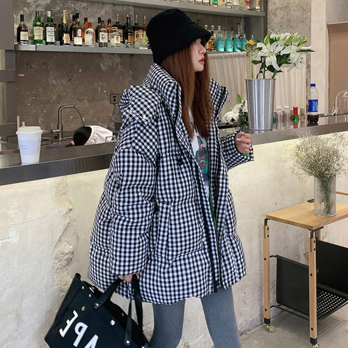 【晶煊】千鸟格连帽棉服羽绒棉衣