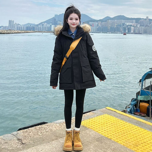 晶煊情侣工装大毛领连帽派克棉服