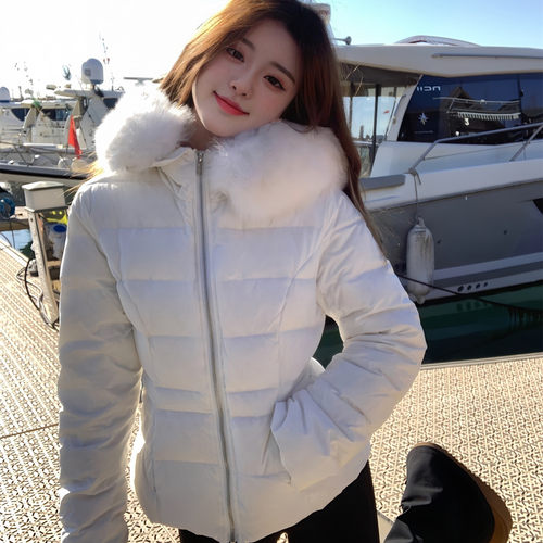 韩国高级感短款白色毛领羽绒棉袄