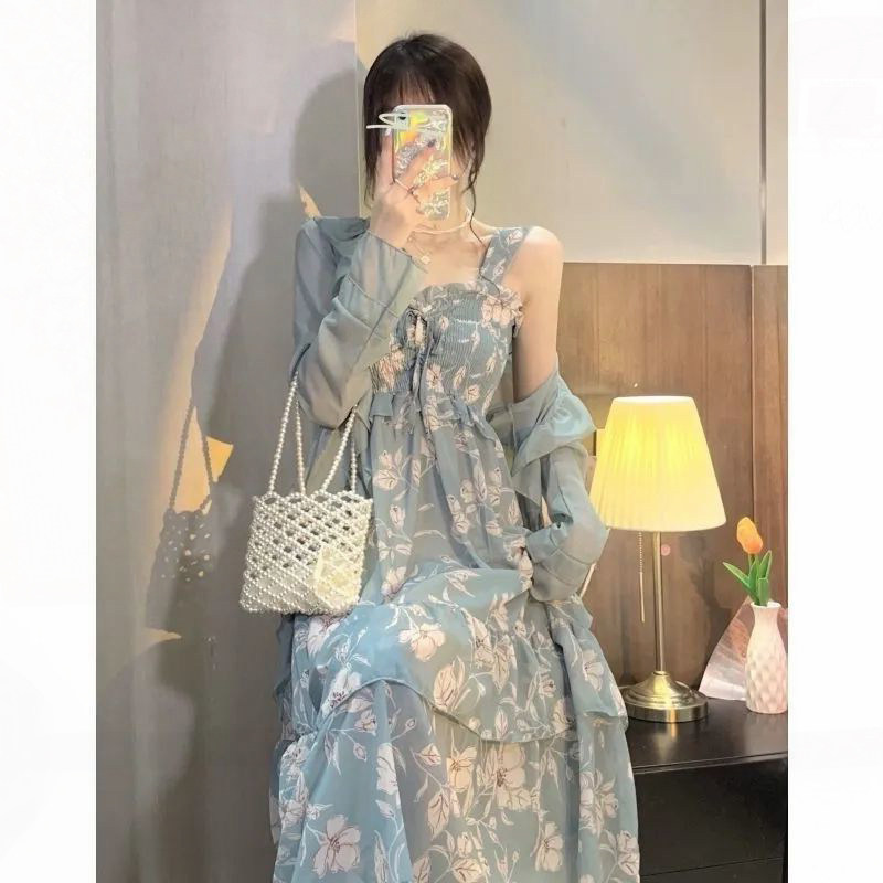 中长款无袖碎花吊带连衣裙女夏2025法式高级感甜美超仙雪纺两件套