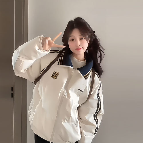 韩系甜美撞色条纹立领羽绒棉袄女