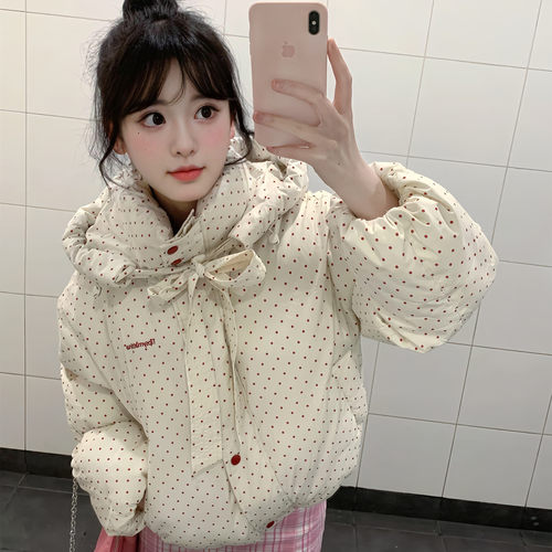 日系甜美少女感波点连帽羽绒棉袄